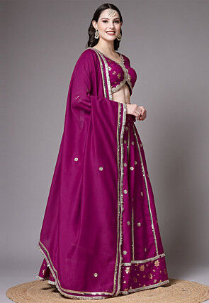 Block Printed Art Dupion Silk Lehenga in Purple