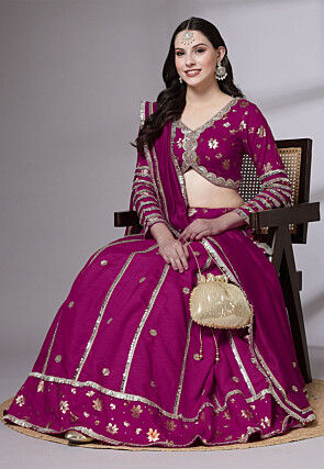 Block Printed Art Dupion Silk Lehenga in Purple