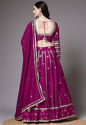 Block Printed Art Dupion Silk Lehenga in Purple