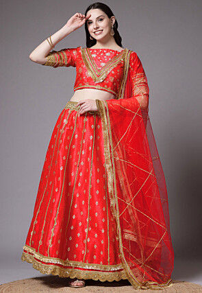 Block Printed Art Dupion Silk Lehenga in Red