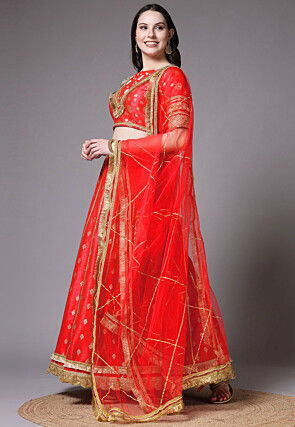 Block Printed Art Dupion Silk Lehenga in Red