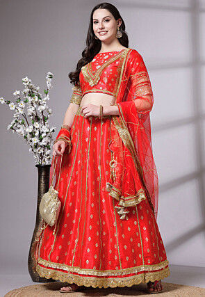 Block Printed Art Dupion Silk Lehenga in Red