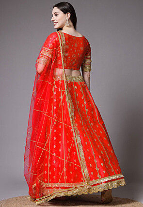 Block Printed Art Dupion Silk Lehenga in Red