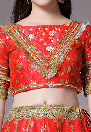 Block Printed Art Dupion Silk Lehenga in Red