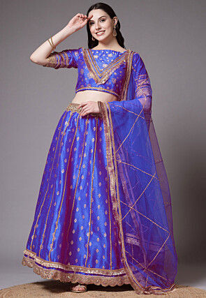 Block Printed Art Dupion Silk Lehenga in Royal Blue