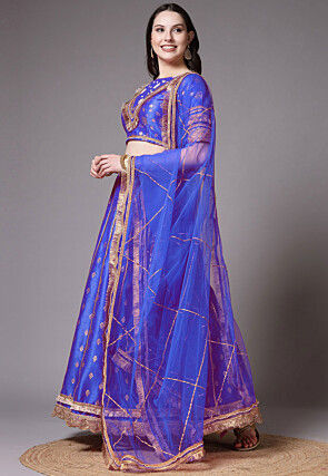Block Printed Art Dupion Silk Lehenga in Royal Blue
