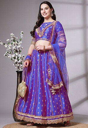 Block Printed Art Dupion Silk Lehenga in Royal Blue