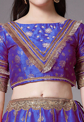 Block Printed Art Dupion Silk Lehenga in Royal Blue