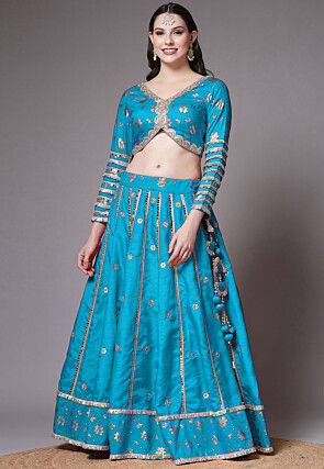 Block Printed Art Dupion Silk Lehenga in Sky Blue