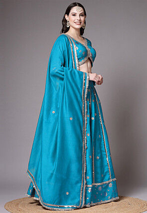 Block Printed Art Dupion Silk Lehenga in Sky Blue