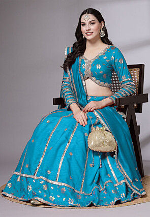 Block Printed Art Dupion Silk Lehenga in Sky Blue