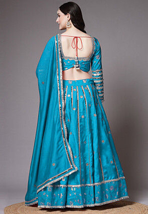 Block Printed Art Dupion Silk Lehenga in Sky Blue
