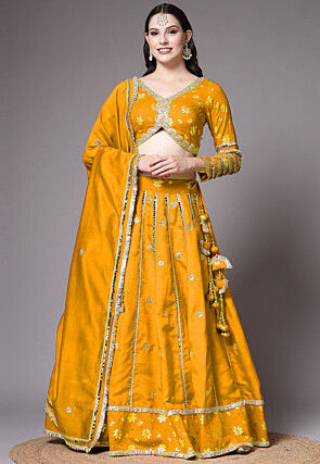 Block Printed Dupion Silk Lehenga in Yellow