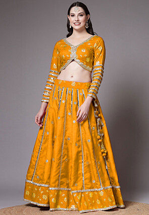 Block Printed Dupion Silk Lehenga in Yellow
