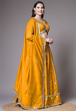 Block Printed Dupion Silk Lehenga in Yellow