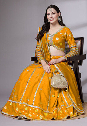 Block Printed Dupion Silk Lehenga in Yellow