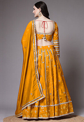 Block Printed Dupion Silk Lehenga in Yellow