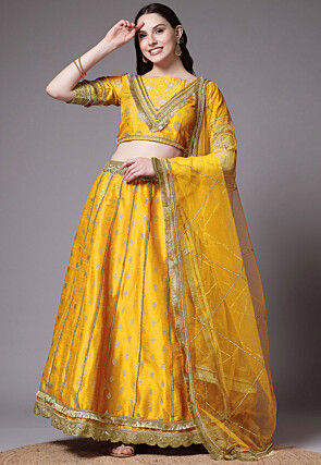 Block Printed Dupion Silk Lehenga in Yellow