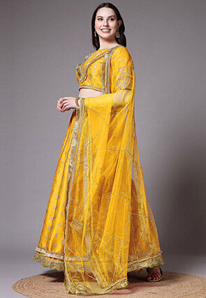 Block Printed Dupion Silk Lehenga in Yellow