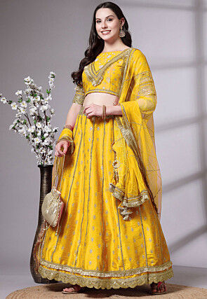 Block Printed Dupion Silk Lehenga in Yellow