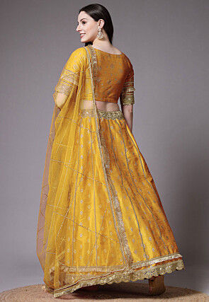 Block Printed Dupion Silk Lehenga in Yellow