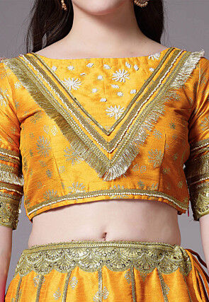 Block Printed Dupion Silk Lehenga in Yellow