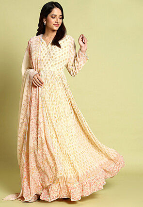 Block Printed Art Silk Abaya Style Suit in Beige
