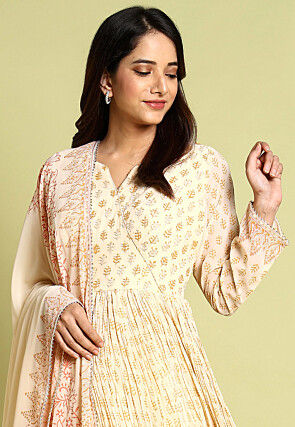 Block Printed Art Silk Abaya Style Suit in Beige
