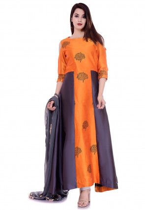 Block Printed Art Silk Abaya Style Suit in Orange and Grey