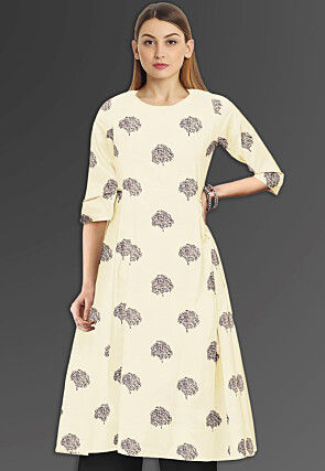 Block Printed Art Silk Aline Kurta in Beige