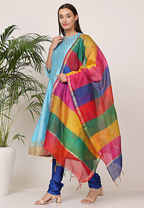 Block Printed Art Silk Anarkali Suit in Light Blue