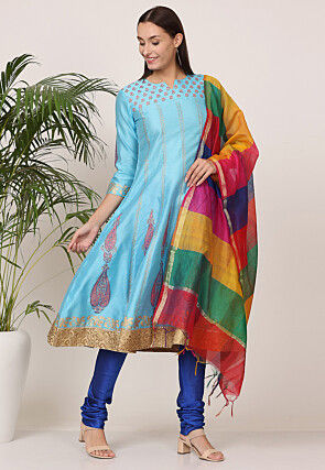 Block Printed Art Silk Anarkali Suit in Light Blue