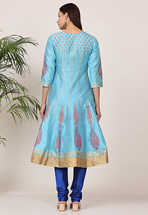 Block Printed Art Silk Anarkali Suit in Light Blue