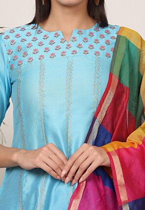 Block Printed Art Silk Anarkali Suit in Light Blue