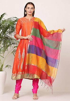 Block Printed Art Silk Anarkali Suit in Orange