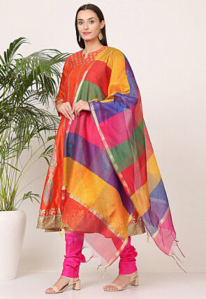 Block Printed Art Silk Anarkali Suit in Orange