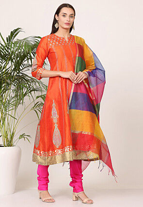 Block Printed Art Silk Anarkali Suit in Orange