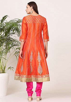 Block Printed Art Silk Anarkali Suit in Orange