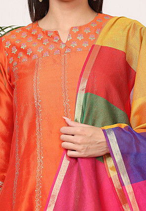 Block Printed Art Silk Anarkali Suit in Orange