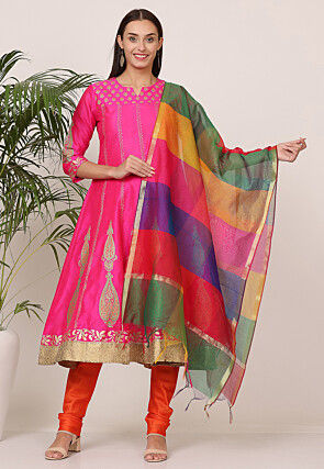 Block Printed Art Silk Anarkali Suit in Pink