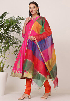 Block Printed Art Silk Anarkali Suit in Pink