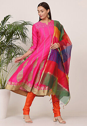 Block Printed Art Silk Anarkali Suit in Pink