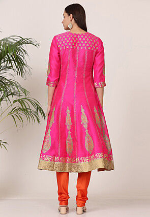 Block Printed Art Silk Anarkali Suit in Pink