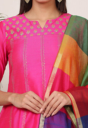 Block Printed Art Silk Anarkali Suit in Pink