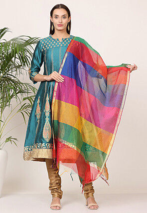 Block Printed Art Silk Anarkali Suit in Teal Green