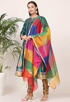 Block Printed Art Silk Anarkali Suit in Teal Green