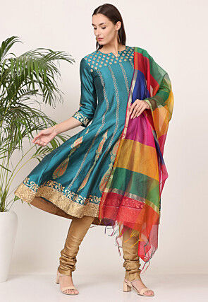 Block Printed Art Silk Anarkali Suit in Teal Green