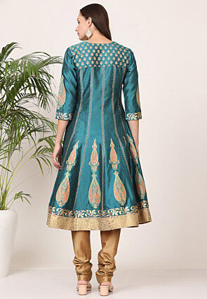 Block Printed Art Silk Anarkali Suit in Teal Green
