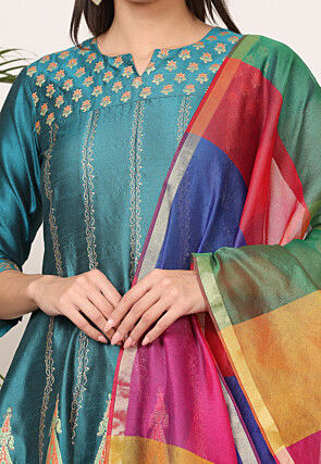 Block Printed Art Silk Anarkali Suit in Teal Green