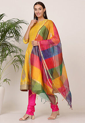 Block Printed Art Silk Anarkali Suit in Yellow